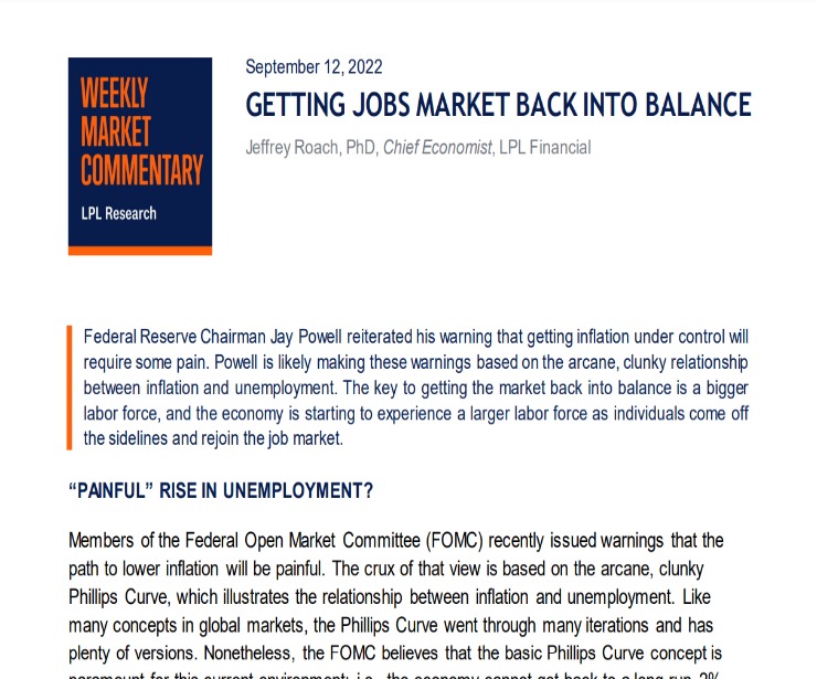 Getting Jobs Market Back into Balance | Weekly Market Commentary | September 12, 2022